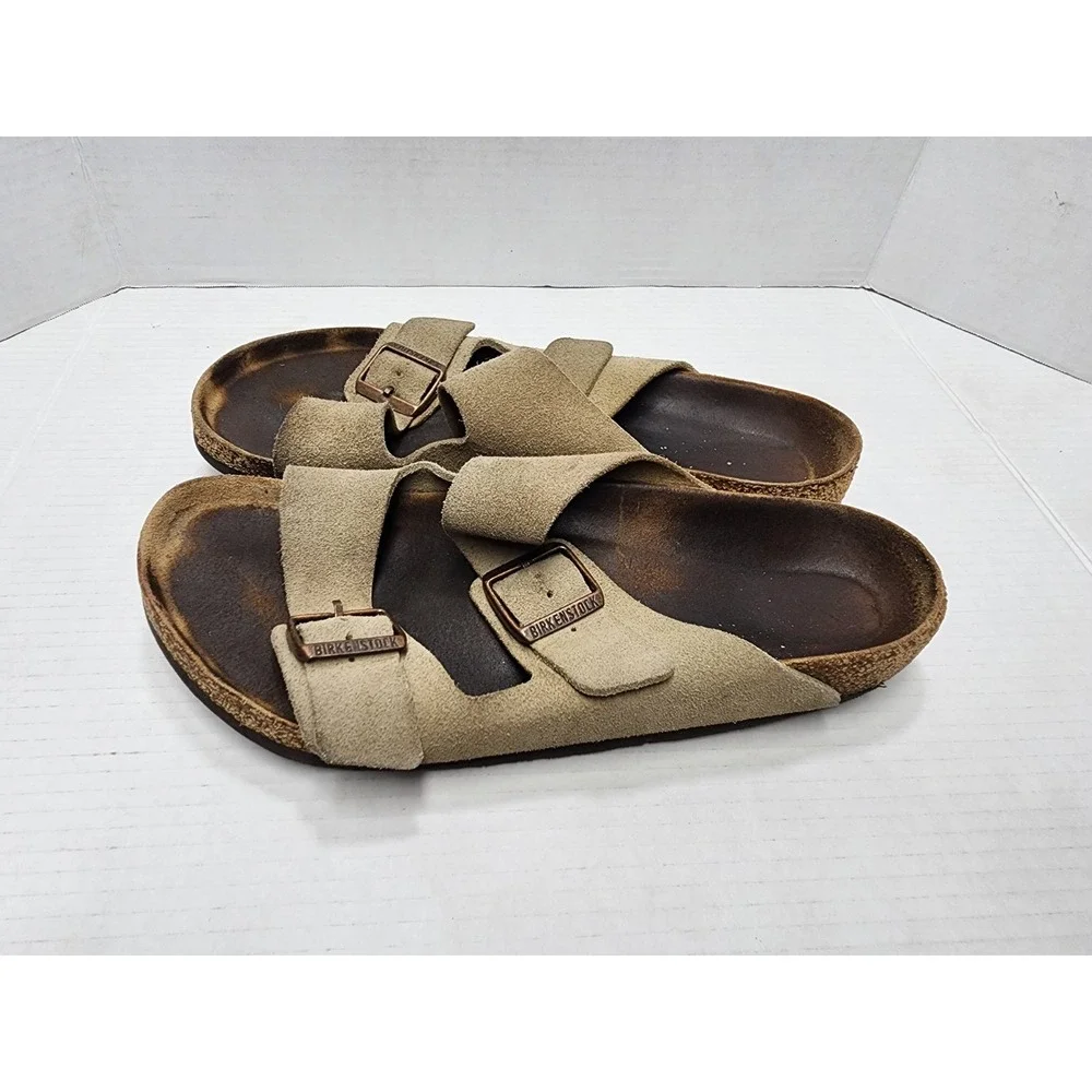Birkenstock Arizona Soft Suede Leather Footbed Sandals in Taupe Size 10